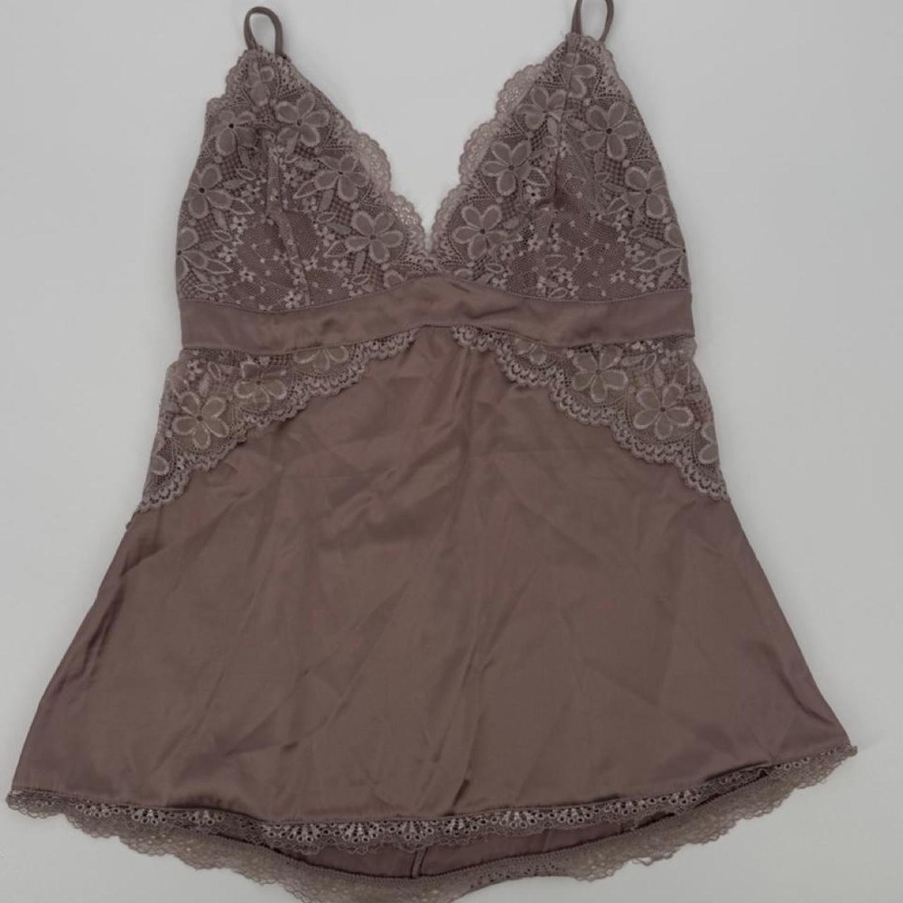 Avidlove Brown Floral Lace Trim Cami Top Satin Lingerie Camisole Taupe Womens M